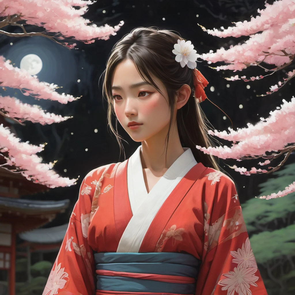 (mejor calidad,4k,alta resolución,obra maestra:1.2),ultra detallado,(Realista:1.37),Una chica con el pelo largo y suelto.,fascinantes ojos verdes, y una sonrisa traviesa, vistiendo un kimono rojo vibrante adornado con intrincados patrones florales, de pie en un exuberante jardín rodeado de cerezos en flor [1 chica]. La niña se muestra en una pose dinámica., sosteniendo un marcador de pintura dorada mientras crea con gracia un boceto en un papel negro grande. 

El boceto comienza con unos pocos trazos rápidos., formando un contorno del personaje icónico Mononoke-hime de la película de anime de Hayao Miyazaki. Las líneas del boceto fluyen a la perfección., capturando la presencia fuerte y feroz de Mononoke-hime. El marcador de pintura dorada brilla bajo la suave luz de la luna., enfatizando la atmósfera mágica. 

La obra de arte está creada al estilo de Vince Lowe., conocido por sus expresivos y espontáneos bocetos de una sola línea. La simplicidad de la técnica de una sola línea añade un toque de elegancia y captura la esencia del carácter de Mononoke-hime.. El boceto tiene una cualidad etérea., con sombreados sutiles y reflejos que aportan profundidad a la composición. 

El papel negro proporciona un contraste sorprendente y realza la riqueza de los colores utilizados.. Los cerezos en flor del jardín circundante están en plena floración., sus delicados pétalos de rosa flotan suavemente en el aire. El jardín está lleno de flores vibrantes, añadiendo toques de color al entorno sereno. 

La obra de arte está representada con gran atención al detalle y realismo.. Cada trazo y línea del boceto se captura con precisión., mostrando la habilidad del artista. Las sombras y las luces en el rostro de Mononoke-hime resaltan sus rasgos y reflejan el suave brillo de la luna.. La atmósfera se ve reforzada por el juego de luces y sombras., creando una experiencia visual cautivadora. 

El tono de color general de la obra de arte es cálido y acogedor, con un enfoque en tonos tierra y tonos dorados.. La iluminación es suave y gentil., añadiendo una sensación de tranquilidad a la escena. La elección del color por parte del artista y 