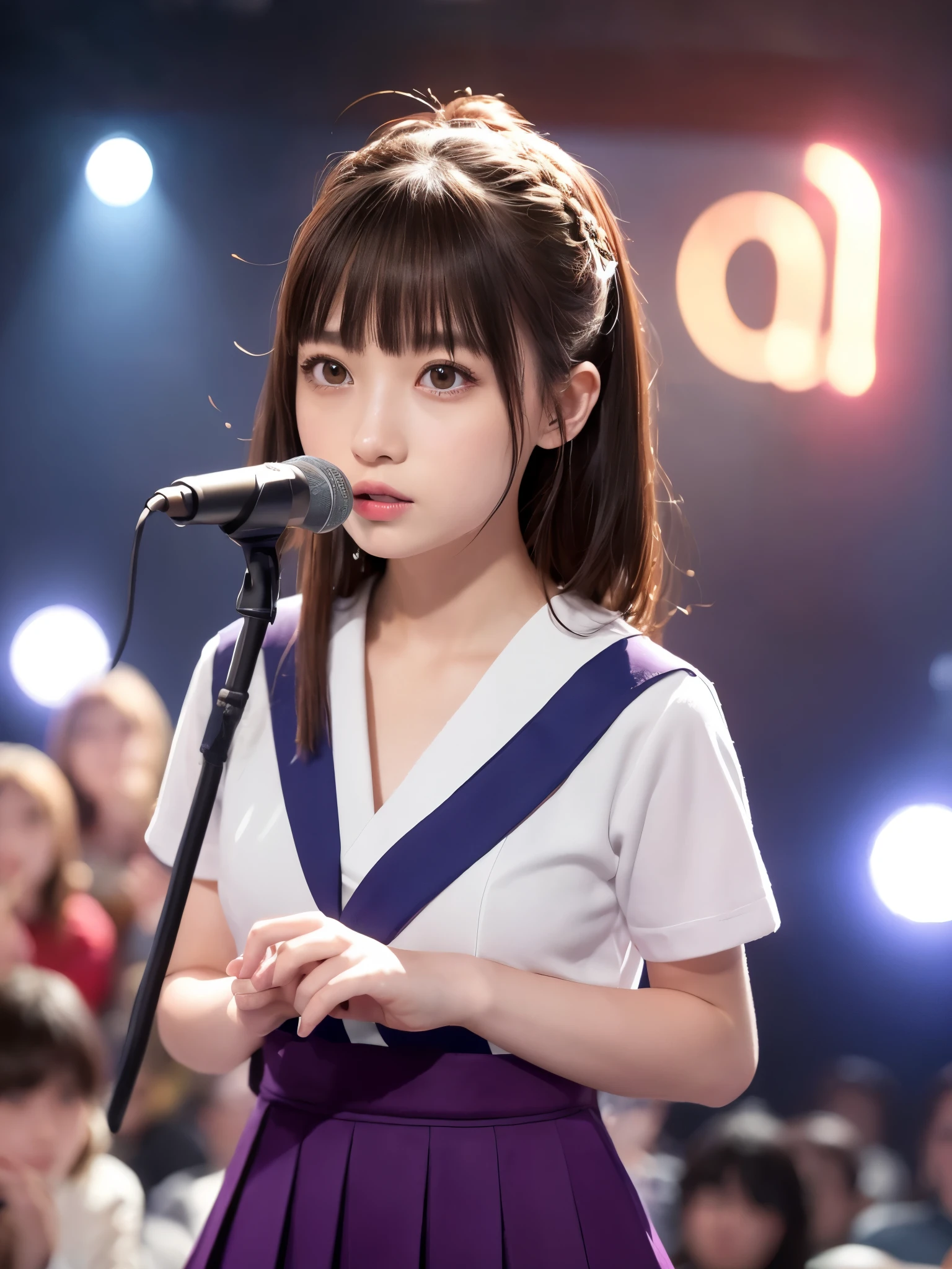 White base with purple-red sailor suit、tulle skirt、23 years old, perform on stage, concert photos, cute core、(bob hair)、(((watching the audience)))、ribbon on head、（自然でdetailed face立ち、beautiful and detailed eyes、beautiful and dense lips、very detailed eyes、detailed face、long eyelashes）（8K resolution）、High resolution、masterpiece：1.2 )、Super detailed、(real、photorealistic、photorealistic: 1.37)、8K、fantastic lighting、bright colors、standing position