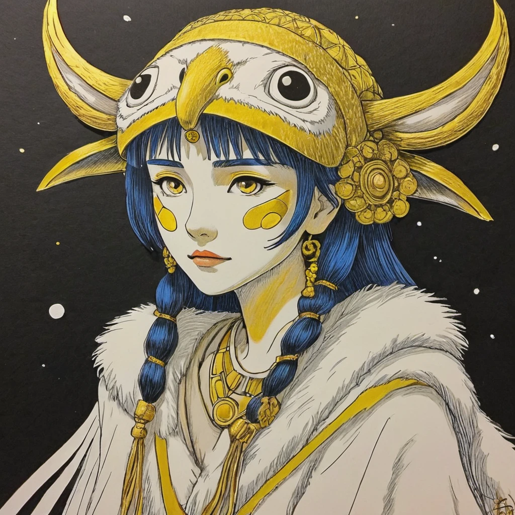 Um esboço descuidado com um marcador dourado em uma linha, à maneira de Vince Lowe, em papel preto. Mononoke-hime do anime de Hayao Miyazaki.