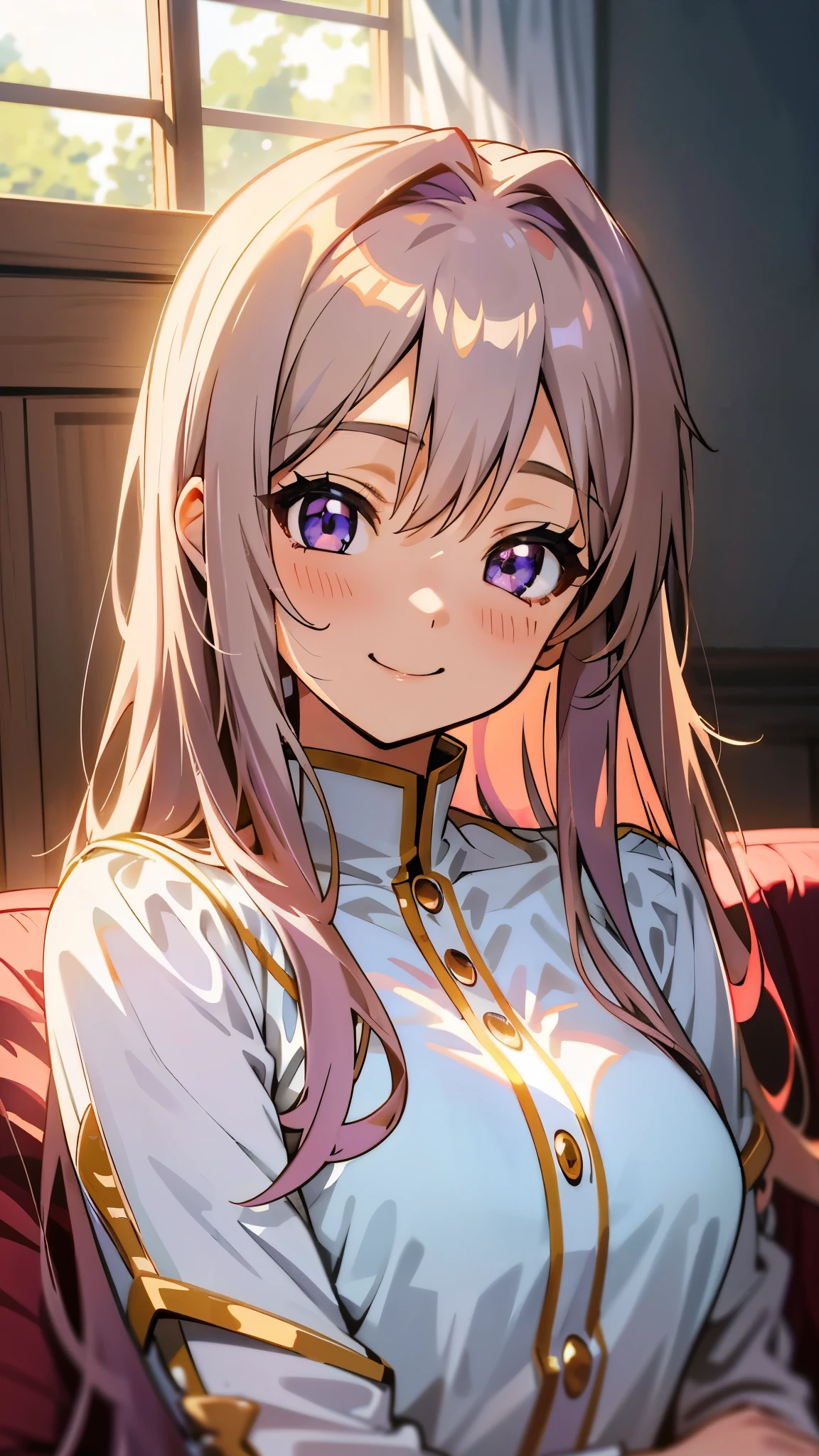 1 girl、anime style、美しい light brown hair、beautiful purple beautiful eyes、long hair、transparent hair、translucent hair、smile、Strong expressions of joy、upper body close-up、Western-style room、sofa、morning、Lens flare、shiny, Glossy skin、Sexy clothes that expose a lot of skin