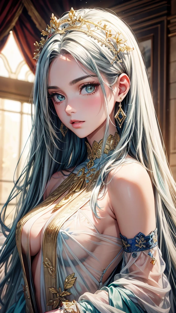 (best quality, high resolution, masterpiece:1.2), Super detailed, Beautiful and delicate lake green eyes, Beautiful and delicate lips, extremely detailed face, super long hair, 1 girl, royal members, Beautiful girl with golden beige hair, (Wearing a royal blue royal costume), see-through chiffon platinum shawl, (gold ornaments), golden and silver pattern, (light blue pattern), (complex pattern:0.5), Lovely, attractive, portrait, delicate eyes, Luminous earrings, Reflective pupil, royal clothing design, see-through detail clothing design, (empty:0.7), chiffon, (see-through chiffon), (lace:0.7), black gloves, Diamond choker, Diamond ring, Diamond hairpin, medieval european castle, Super high quality skin, Real skin texture, super high detail, anime, Realism, 8K, UHD, ccurate