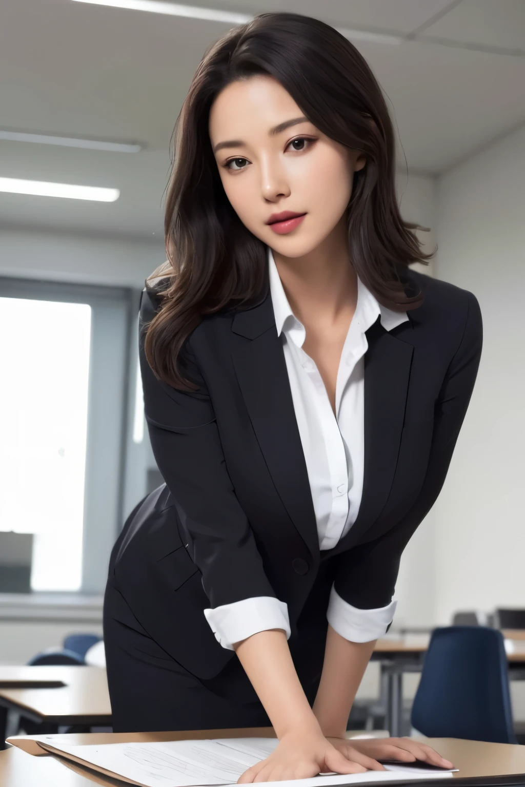 Eine Frau in weißem Hemd und schwarzem Anzug steht hinter einem Schreibtisch im Klassenzimmer, nach vorne gebeugt, die Hände auf dem Schreibtisch. Sie hat einen verführerischen Gesichtsausdruck, ihr Mund leicht geöffnet, und ein verführerischer Blick in ihren Augen.