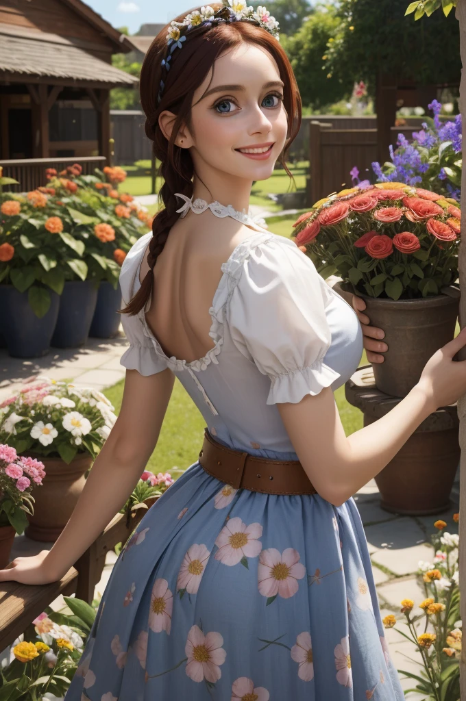 best quality, masterpiece, Auburn hair, sky blue eyes, French maid outfit. looking up, upper body,hair strand,Fair skin,side braids Large chest,. Adorable, mature Woman,detailed big-eyed woman, round face. promenent red lips. Smileing,In the garden, large ass, wearing a cute floral sun dress. flower crown, Flower belt draped around waist. Picture from the side,looking at the scenes, intense colors, Very valuable details, complex details, volumetric lighting, digital art, 8k, trending on Artstation, Clear focus, complex details, highly detail, Greg Rutkowski Big Eyes, high-resolution, Auburn hair. Alison Brie., attractive chest, .Photorealistic. Confidence, self esteem, assertiveness, dominance. wide Amused smile. ecstastic expression. Sultry
