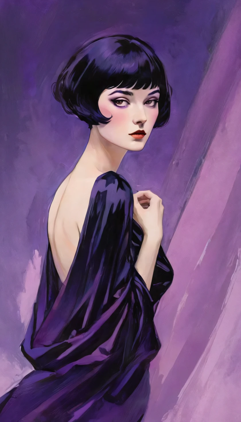 Hell-Dunkel-Technik auf sinnliche Darstellung einer eleganten Königin (((kurze Haare mit Pony:1.4、schöner Pony) , Jahrgang ,seidiges Kleid, Mattes Malen, von John Singer Sargent, by Harumi Hironaka, extrem sanfte Farben, dunkel lebendig, lila pastell, sehr detailliert, digitales Kunstwerk, Hoher Kontrast, dramatisch, raffiniert, tonal, eine intime, verführerisches Studio-Setting mit Fokus auf Sinnlichkeit und Romantik. Nutzen Sie weiche, warmes Licht, das den Raum in ein sanftes, einladendes Leuchten. Integrieren Sie luxuriöse Stoffe, Plüschausstattung, und ein Hauch von Dekadenz, um ein opulentes Ambiente hervorzurufen. Die Szene sollte eine Atmosphäre der Gelassenheit und Vorfreude ausstrahlen, lädt den Betrachter in einen sinnlichen und romantischen Raum ein