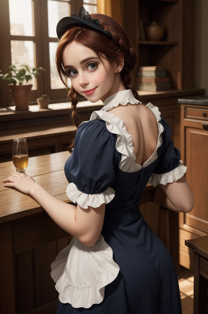 best quality, masterpiece, Auburn hair, sky blue eyes, wearing a steriotypical French maid outfit. looking up, upper body,hair strand,Fair skin,side braids Large chest,. Adorable, mature Woman,detailed big-eyed woman, round face. promenent red lips. Smileing,In the mansion library, large ass, Picture from the side,looking at the scenes, intense colors, Very valuable details, complex details, volumetric lighting, digital art, 8k, trending on Artstation, Clear focus, complex details, highly detail, Greg Rutkowski Big Eyes, high-resolution, Auburn hair. Alison Brie., attractive chest, .Photorealistic. Confidence, self esteem, assertiveness, dominance. wide Amused smile. ecstastic expression. Sultry
