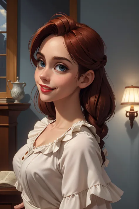 A pretty maid. best quality, masterpiece, Auburn hair, sky blue eyes, wearing a steriotypical French maid outfit. looking up, up...
