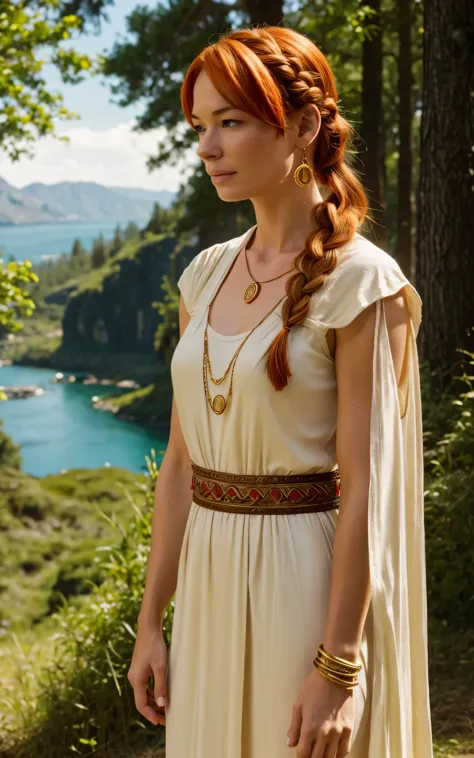 flamme, (young lena headey:evangeline lilly), a 35-year-old woman with orange hair, green eyes, sideburns, one large braid, a go...