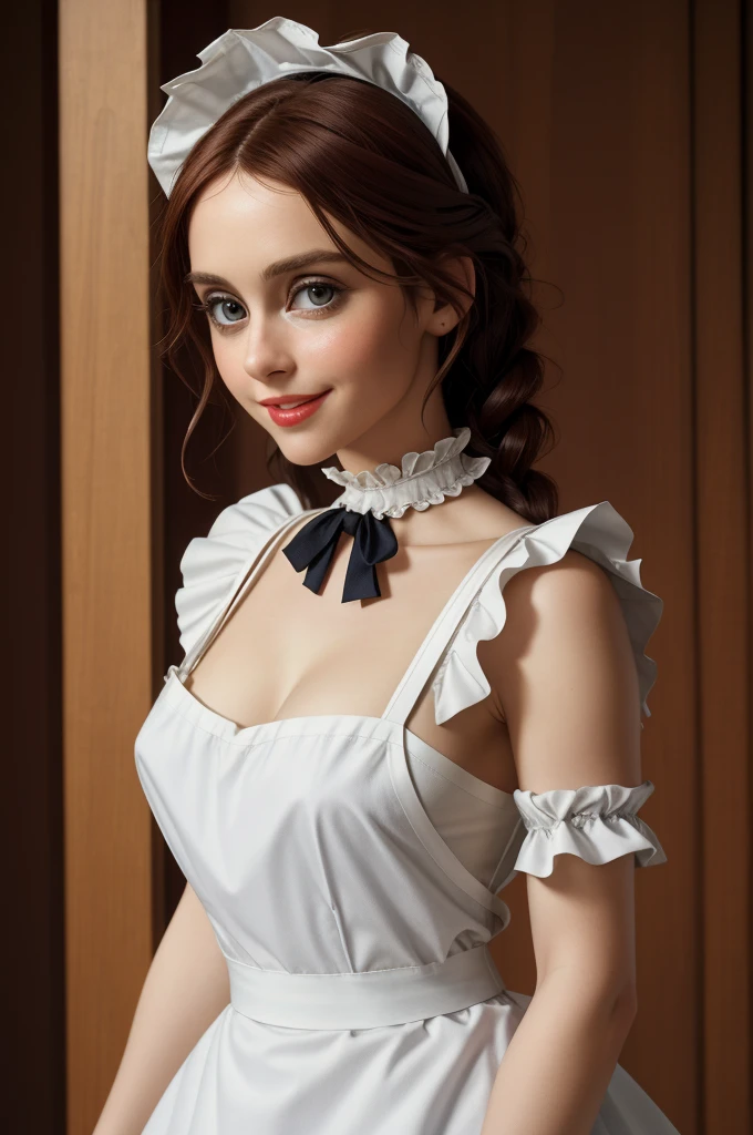 A pretty maid. best quality, masterpiece, Auburn hair, sky blue eyes, wearing a steriotypical French maid outfit, (headdress、white blouse、black ribbon、White Apron、ruffle skirt、puff sleeves、collar、choker、apron with fine ruffles：1.3)、black maid costume). looking up, upper body,hair strand,Fair skin,side braids Large chest,. Adorable, mature Woman,detailed big-eyed woman, round face. promenent red lips. Smileing,In the mansion library, large ass, Picture from the side,looking at the scenes, intense colors, Very valuable details, complex details, volumetric lighting, digital art, 8k, trending on Artstation, Clear focus, complex details, highly detail, Greg Rutkowski Big Eyes, high-resolution, Auburn hair. Alison Brie., attractive chest, .Photorealistic. Confidence, self esteem, assertiveness, dominance. wide Amused smile. ecstastic expression. Sultry
