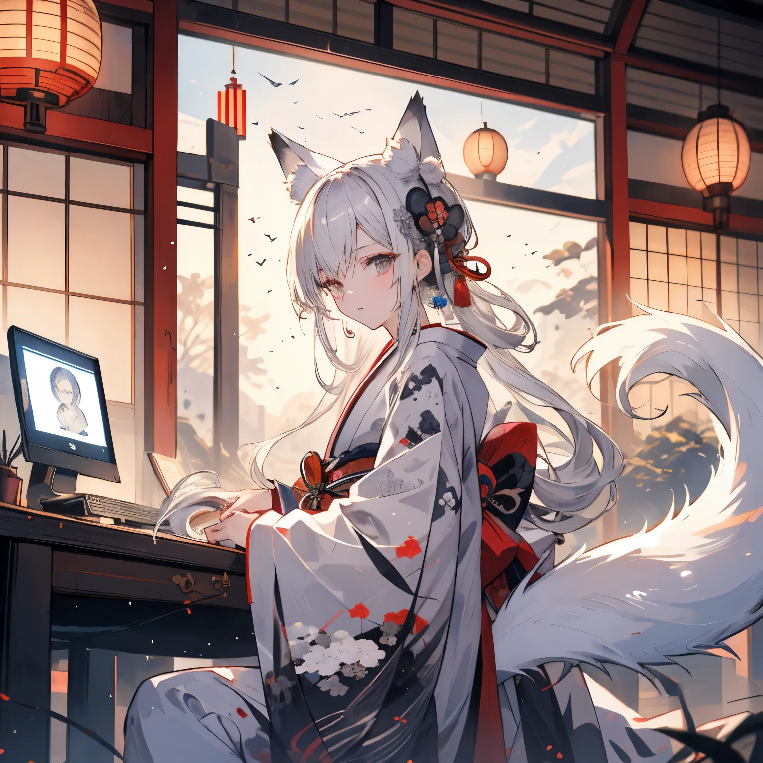 ((highest quality)), ((masterpiece)), (be familiar with), perfect face ((highest quality)), ((masterpiece)), High quality male
 #Kyoto old folk house　The time is morning　 #A handsome boy working　Silver-coloured kimono、silver hair、silver fox with ears、Silver fox tail、earphone、Working while looking at a computer