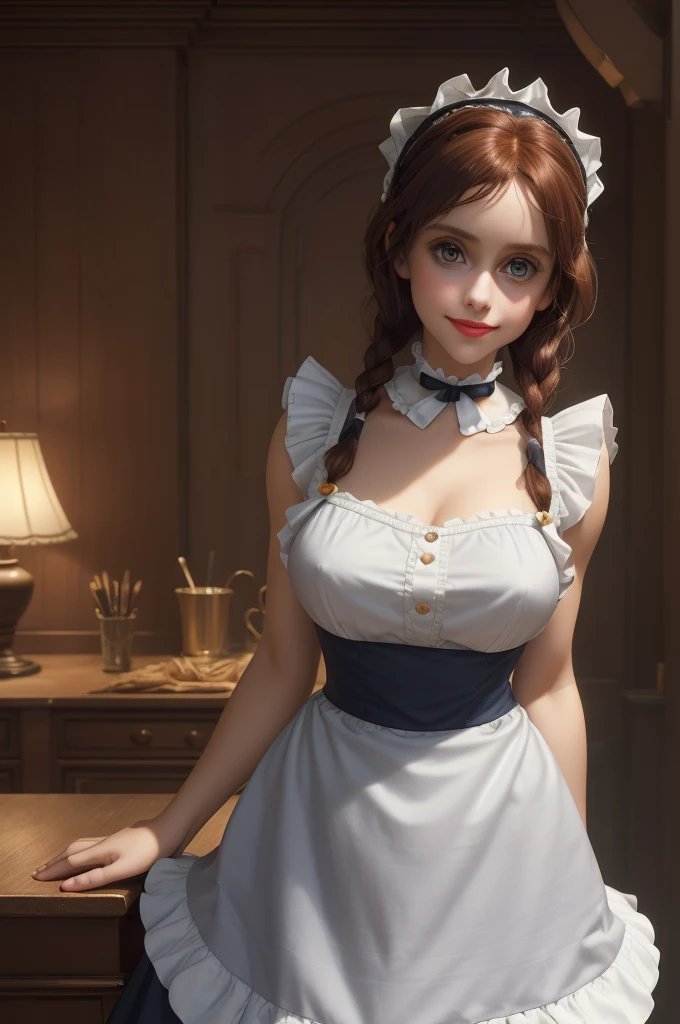 A pretty maid. best quality, masterpiece, Auburn hair, sky blue eyes, wearing a steriotypical French maid outfit, (headdress、white blouse、black ribbon、White Apron、ruffle skirt、puff sleeves、collar、choker、apron with fine ruffles：1.3)、black maid costume). looking up, upper body,hair strand,Fair skin,side braids Large chest,. Adorable, mature Woman,detailed big-eyed woman, round face. promenent red lips. Smileing,In the mansion library, large ass, Picture from the side,looking at the scenes, intense colors, Very valuable details, complex details, volumetric lighting, digital art, 8k, trending on Artstation, Clear focus, complex details, highly detail, Greg Rutkowski Big Eyes, high-resolution, Auburn hair. Alison Brie., attractive chest, .Photorealistic. Confidence, self esteem, assertiveness, dominance. wide Amused smile. ecstastic expression. Sultry Cleavage.
