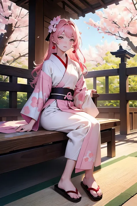 Best Quality, high resolution (8K), Masterpiece:1.2, Pink-haired, white-skinned Heian-era peasant woman, Traditional Japanese at...