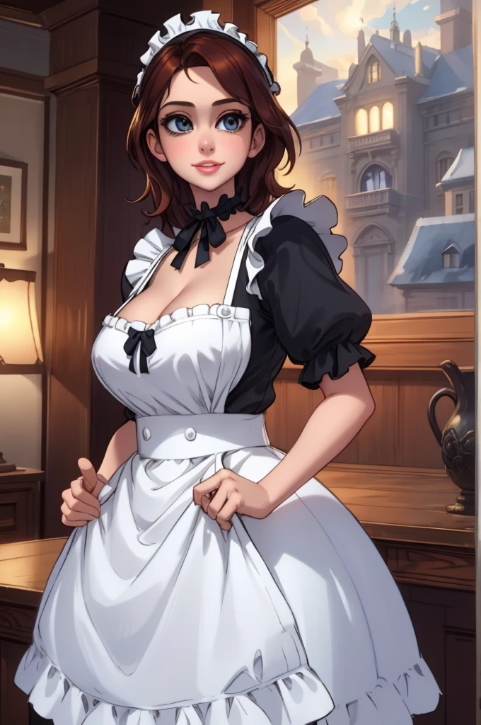 A pretty maid. best quality, masterpiece, Auburn hair, sky blue eyes, wearing a steriotypical French maid outfit, (headdress、white blouse、black ribbon、White Apron、ruffle skirt、puff sleeves、collar、choker、apron with fine ruffles：1.3)、black maid costume). looking up, upper body,hair strand,Fair skin, Large chest,. Adorable, mature Woman,detailed big-eyed woman, round face. promenent red lips. Smileing,In the mansion library, large ass, Picture from the side,looking at the scenes, intense colors, Very valuable details, complex details, volumetric lighting, digital art, 8k, trending on Artstation, Clear focus, complex details, highly detail, Greg Rutkowski Big Eyes, high-resolution, Auburn hair. Alison Brie., attractive chest, .Photorealistic. Confidence, self esteem, assertiveness, dominance. wide Amused smile. ecstastic expression. Sultry, Cleavage.
