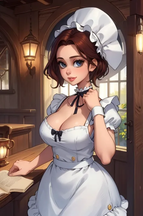 A pretty maid. best quality, masterpiece, Auburn hair, sky blue eyes, wearing a steriotypical French maid outfit, (headdress、whi...