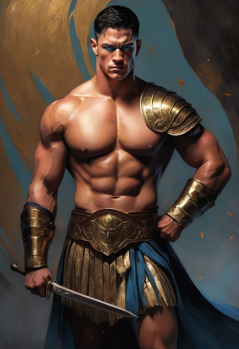 chiaroscuro technique on sensual illustration of an masculine, 2 Italian male model, handsome Roman, (John Cena) he is the god of war, he is Ares, Mars, evil-looking, strong look, light blue eyes, strong jawline, dressed as a gladiator, ancient gladiator, male gladiator skirt, matte painting, by Harumi Hironaka, extremely soft colors, vibrant, pastel, highly detailed, digital artwork, high contrast, golden dramatic, refined, tonal, an intimate, seductive studio setting with a focus on sensuality and romance. Utilize soft, warm lighting that bathes the space in a gentle, inviting glow. Incorporate luxurious fabrics, plush furnishings, and a touch of decadence to evoke an opulent ambiance. The scene should exude an air of serenity and anticipation, inviting the viewer into a sensual and romantic space