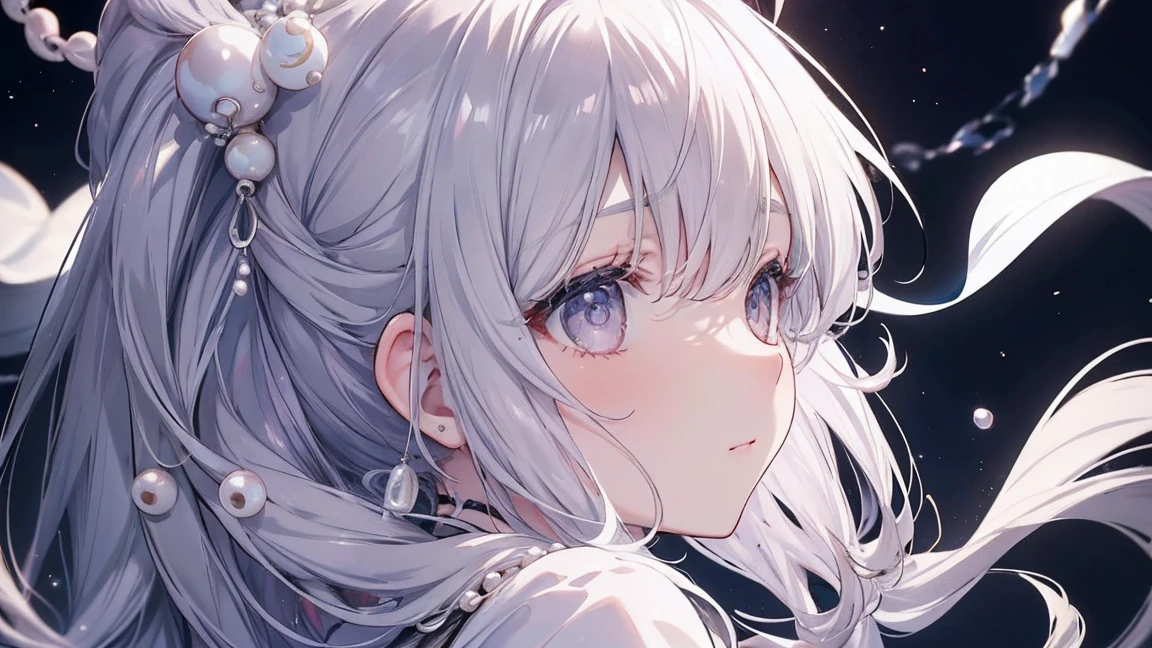 1 girl、Hopeful Eyes、looking here、profile、eyelids rose、gray hair、long silver hair、masterpiece、Many pearls、Lots of pearl accessories、Highlight the pearls