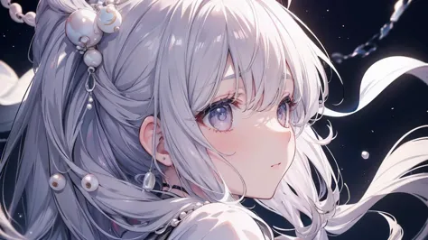 1 girl、hopeful eyes、looking here、profile、eyelids rose、gray hair、long silver hair、masterpiece、many pearls、lots of pearl accessori...