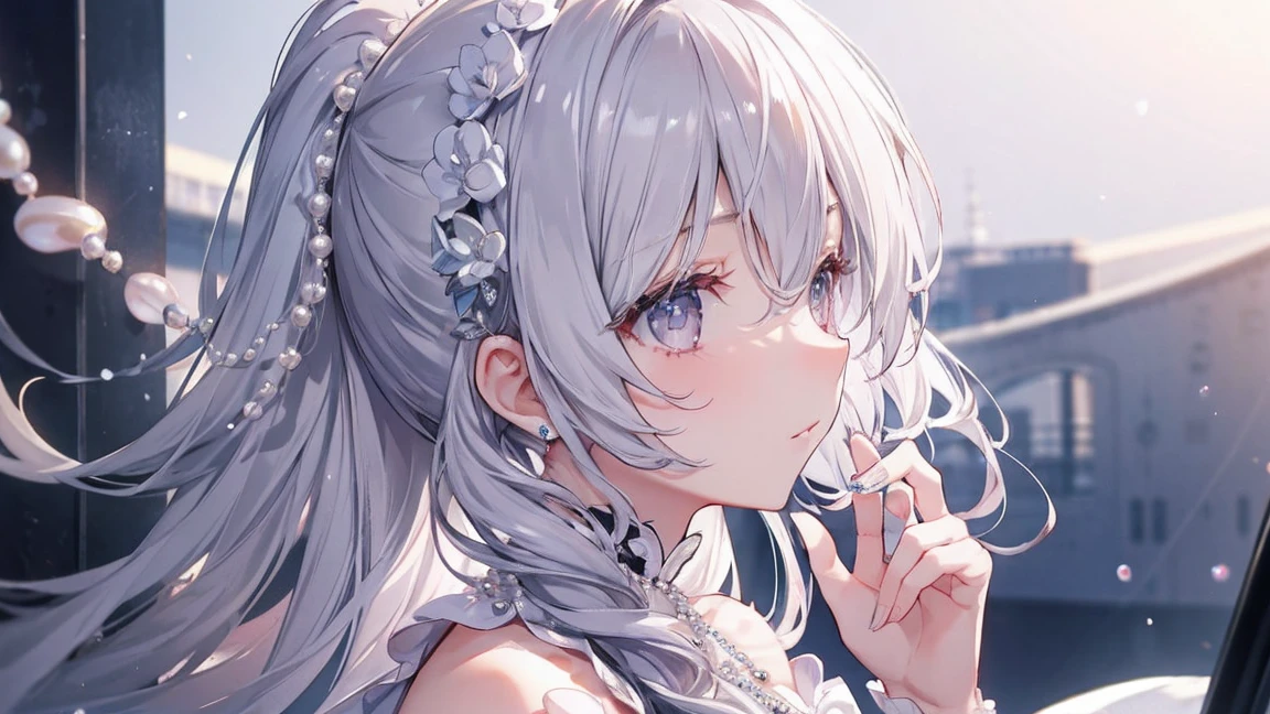 1 girl、Hopeful Eyes、looking here、profile、eyelids rose、gray hair、long silver hair、masterpiece、Many pearls、Lots of pearl accessories、Highlight the pearls