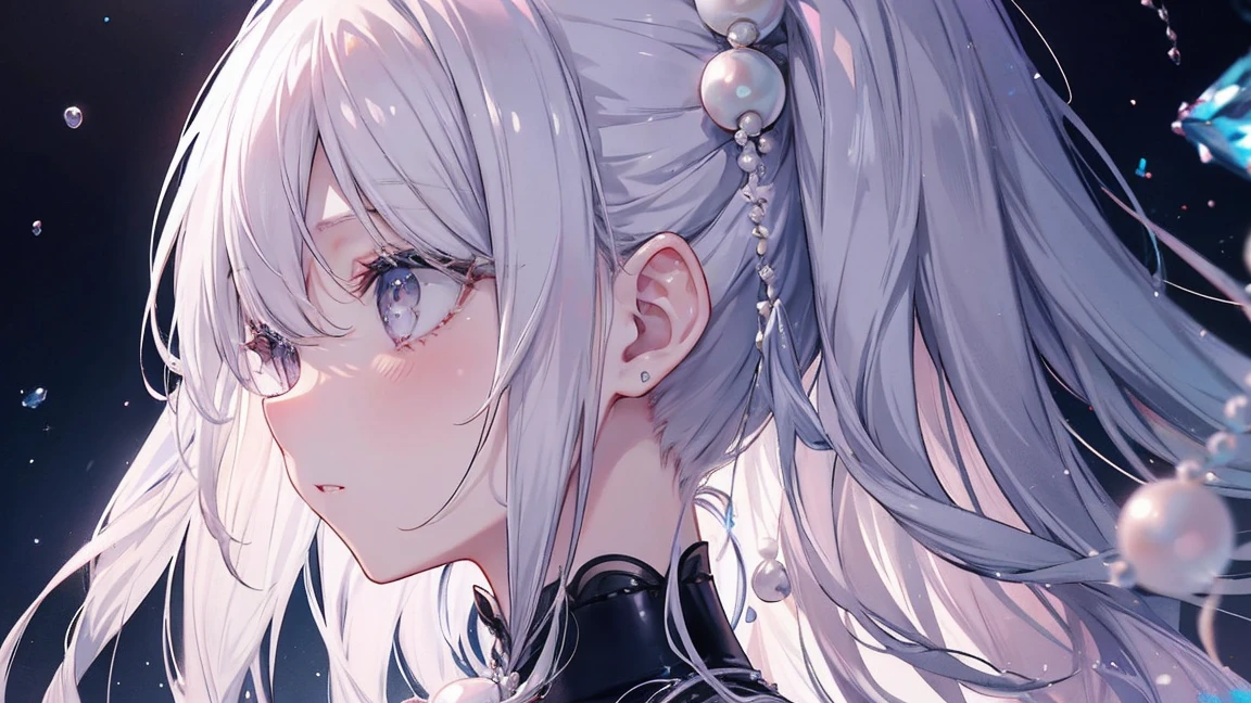 1 girl、Hopeful Eyes、looking here、profile、eyelids rose、gray hair、long silver hair、masterpiece、Many pearls、Lots of pearl accessories、Highlight the pearls