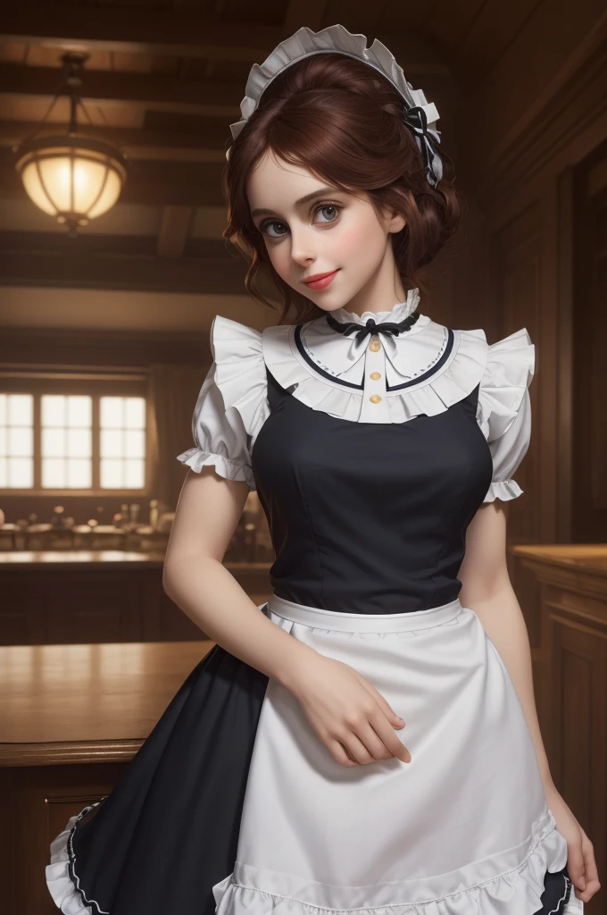 A pretty maid. best quality, masterpiece, Auburn hair, sky blue eyes, wearing a steriotypical French maid outfit, (headdress、white blouse、black ribbon、White Apron、ruffle skirt、puff sleeves、collar、choker、apron with fine ruffles：1.3)、black maid costume). looking up, upper body,hair strand,Fair skin, Large chest,. Adorable, mature Woman,detailed big-eyed woman, round face. promenent red lips. Smileing,In the mansion library, large ass, Picture from the side,looking at the scenes, intense colors, Very valuable details, complex details, volumetric lighting, digital art, 8k, trending on Artstation, Clear focus, complex details, highly detail, Greg Rutkowski Big Eyes, high-resolution, Auburn hair. Alison Brie., attractive chest, .Photorealistic. Confidence, self esteem, assertiveness, dominance. wide Amused smile. ecstastic expression. Sultry, Cleavage. Perky bosum.
