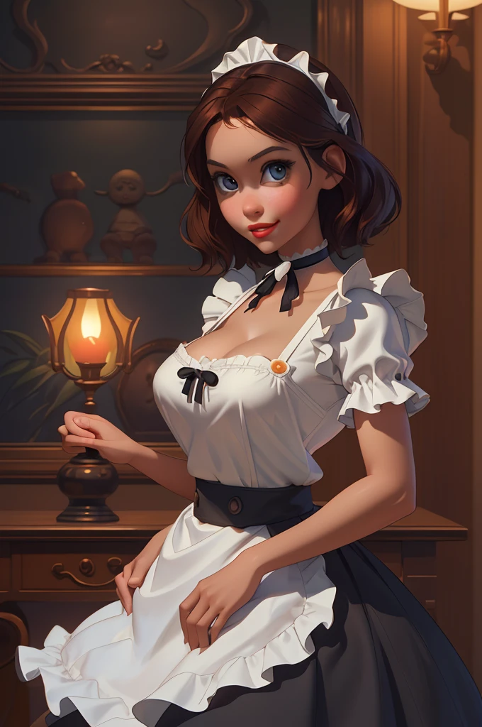 A pretty maid. best quality, masterpiece, Auburn hair, sky blue eyes, wearing a steriotypical French maid outfit, (headdress、white blouse、black ribbon、White Apron、ruffle skirt、puff sleeves、collar、choker、apron with fine ruffles：1.3)、black maid costume). looking up, upper body,hair strand,Fair skin, Large chest,. Adorable, mature Woman,detailed big-eyed woman, round face. promenent red lips. Smileing,In the mansion library, large ass, Picture from the side,looking at the scenes, intense colors, Very valuable details, complex details, volumetric lighting, digital art, 8k, trending on Artstation, Clear focus, complex details, highly detail, Greg Rutkowski Big Eyes, high-resolution, Auburn hair. Olivia Munn., attractive chest, .Photorealistic. Confidence, self esteem, assertiveness, dominance. wide Amused smile. ecstastic expression. Sultry, Cleavage. Perky bosum.
