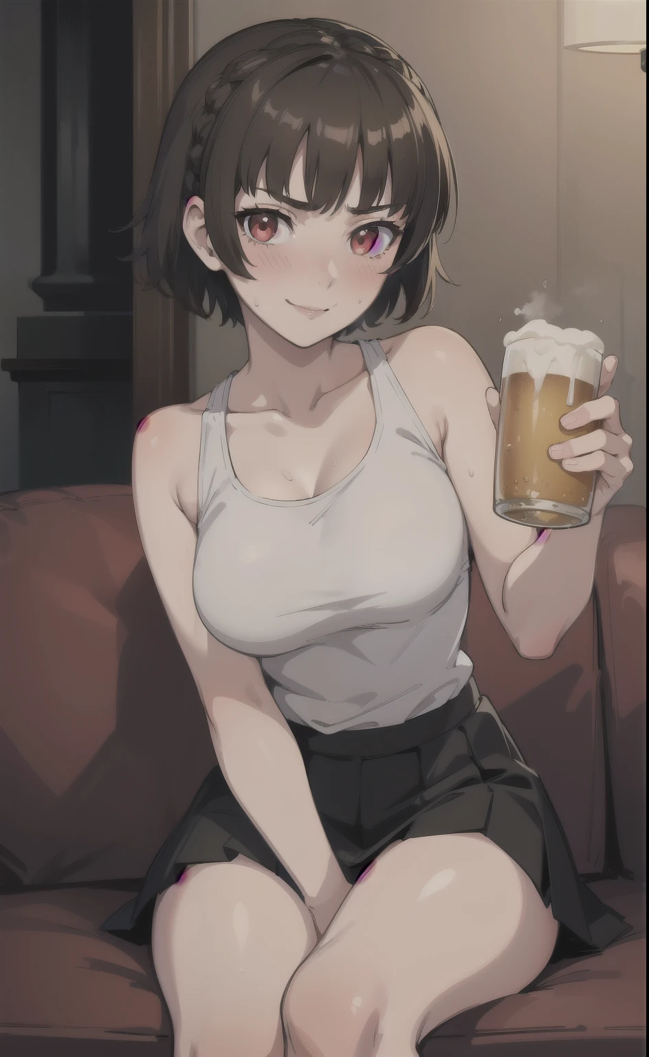 Anime girl with a beer glass sitting on a couch - SeaArt AI