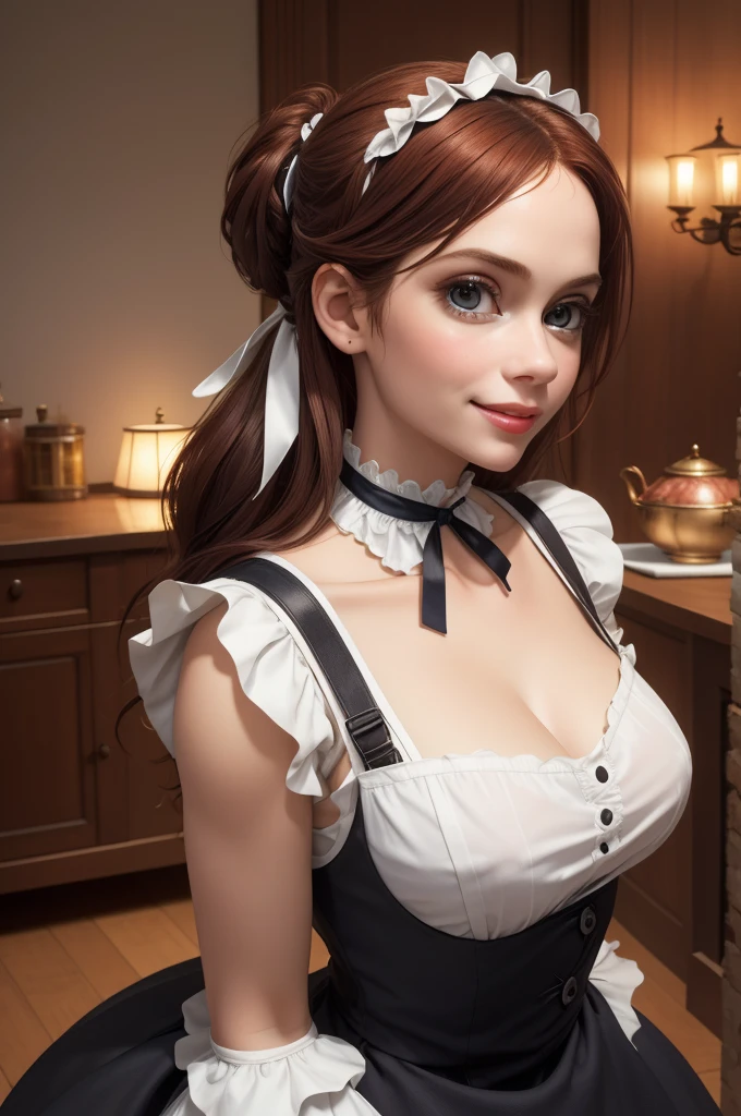 A pretty maid. best quality, masterpiece, Auburn hair, sky blue eyes, wearing a steriotypical French maid outfit, (headdress、white blouse、black ribbon、White Apron、ruffle skirt、puff sleeves、collar、choker、apron with fine ruffles：1.3)、black maid costume). looking up, upper body,hair strand,Fair skin, Large chest,. Adorable, mature Woman,detailed big-eyed woman, round face. promenent red lips. Smileing,In the mansion library, large ass, Picture from the side,looking at the scenes, intense colors, Very valuable details, complex details, volumetric lighting, digital art, 8k, trending on Artstation, Clear focus, complex details, highly detail, Greg Rutkowski Big Eyes, high-resolution, Auburn hair. Karen Gillan, attractive chest, .Photorealistic. Confidence, self esteem, assertiveness, dominance. wide Amused smile. ecstastic expression. Sultry, Cleavage. Perky bosum.
