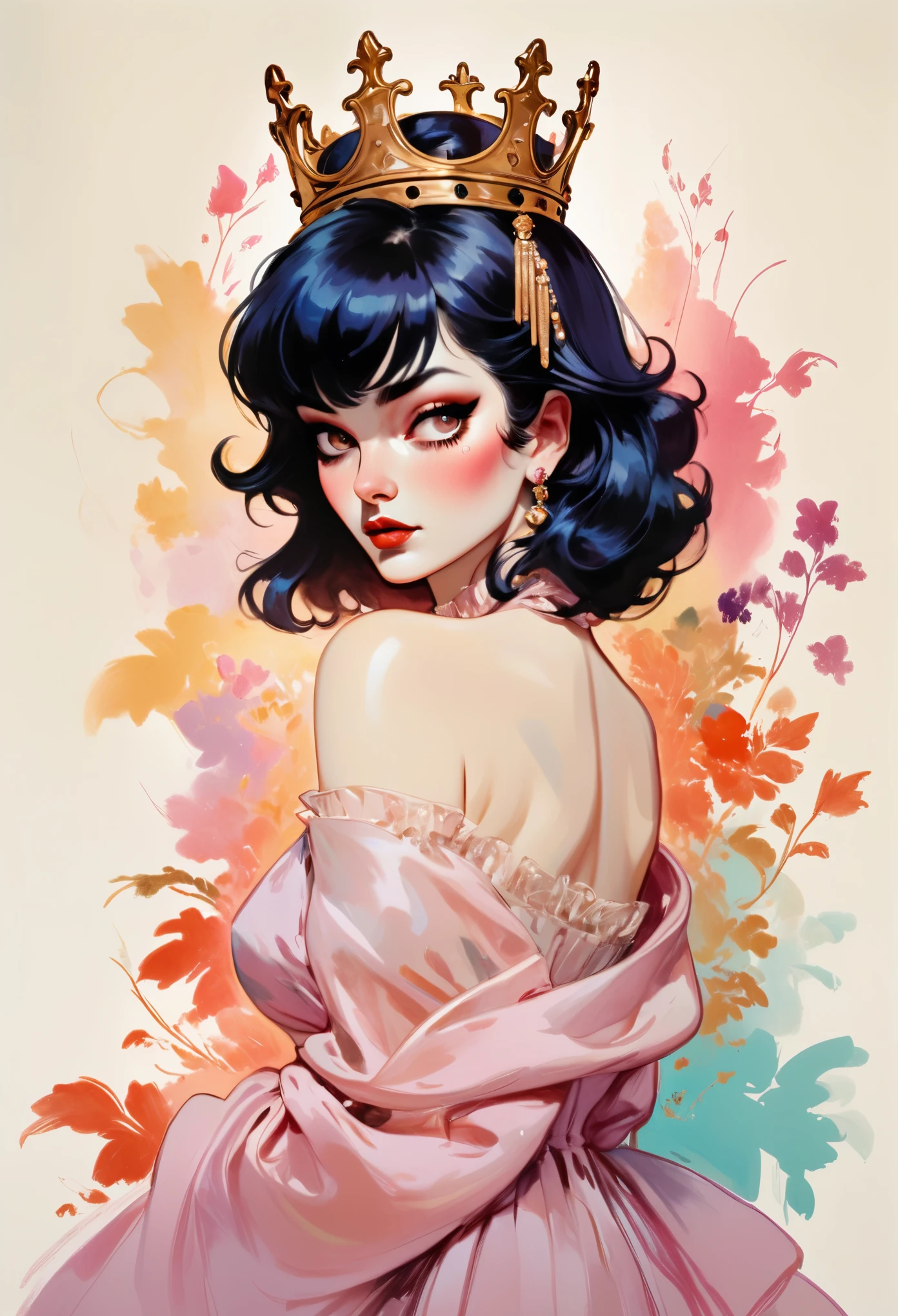 (grueso y audaz) técnica de dibujo en tinta sobre una ilustración sensual de una reina elegante (((medium hair with bangs:1.4、hermoso flequillo) , antiguo ,vestido sedoso, pintura mate, por John Singer Sargent, por Harumi Hironaka, colores extremadamente suaves, Moda Oscura , pasteles tiffany, muy detallado, obra de arte digital, alto contraste, dramático, refinado, tonal, un íntimo, entorno de estudio seductor con un enfoque en la sensualidad y el romance. Utilizar suave, iluminación cálida que baña el espacio con una suave, resplandor atractivo. Incorpora tejidos lujosos, muebles de felpa, y un toque de decadencia para evocar un ambiente opulento. La escena debe irradiar un aire de serenidad y anticipación., invitando al espectador a un espacio sensual y romántico