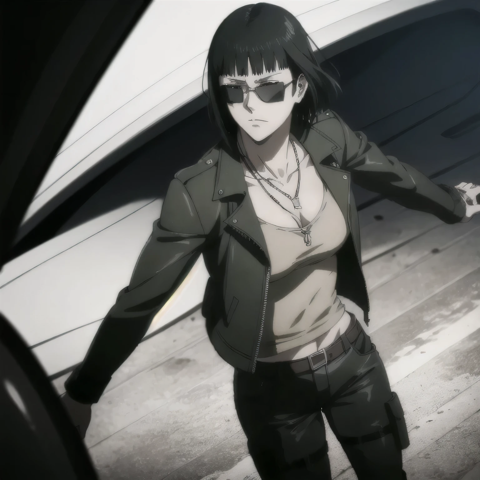 Anime character in a black jacket and sunglasses standing in front of a car  - SeaArt AI