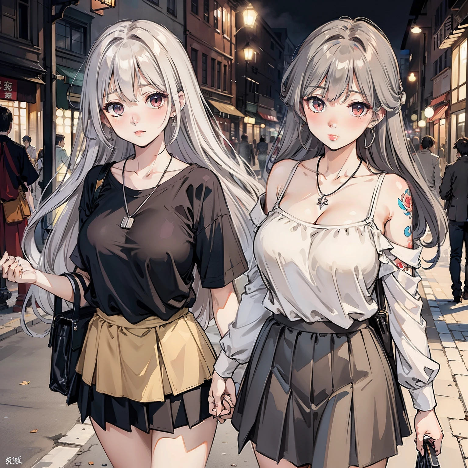 beautiful女孩大学生, masterpiece, Light makeup, red lips, silver hair, messy long hair, street background, beautiful, elegant. Ultra-fine details, 一件a work of art, real texture, Realistic cinematic lighting, perfect job, 8K, HD, Exquisite facial features, White off-shoulder ruffled short shirt, short pleated skirt,skirt lift，Mix 4， slim figure, big bright eyes, , ear nipple ring, necklace, Tattoo works，a work of art，