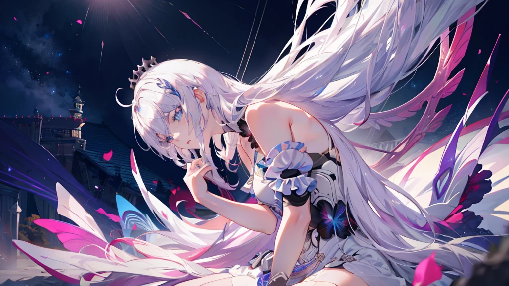 1 girl, alone, full body, (highest quality,8K,High resolution,masterpiece:1.2),Super detailed,(anime), Lord of Finality, Kiana \ (Honkai impact 3)Very long white hair, blue eyes, alone, highly detailed facial features, detailed and beautiful eyes, cute, look at the audience, shot from above, fantasy landscape, Bright colors, flowing dress, Rich details, Rich environment, golden ratio