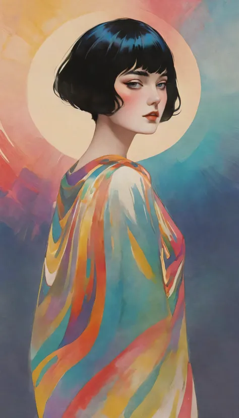 chiaroscuro technique on sensual illustration of an elegant queen (((short hair with bangs:1.4、Beautiful bangs) , vintage ,silky...