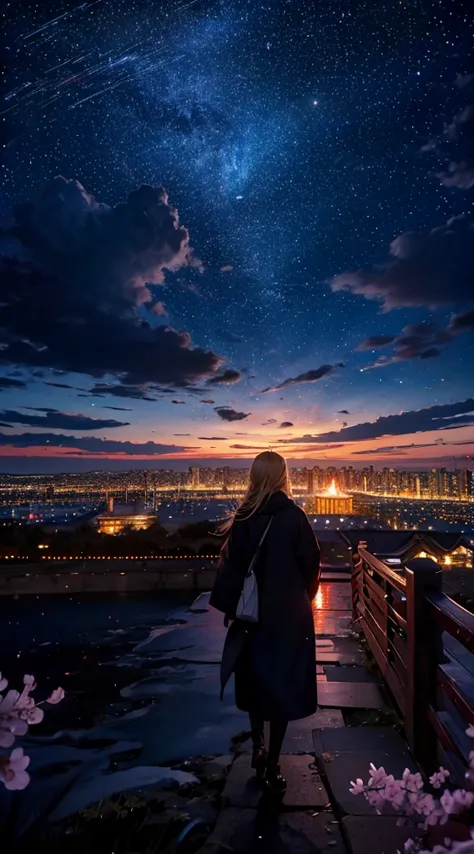 １people々々々々,blonde long hair，long coat，silhouette， Rear view，space sky, milky way, anime style, cherry blossoms，夜cherry blossoms...
