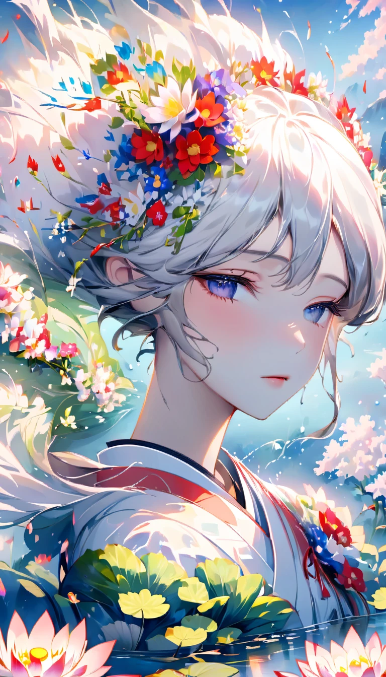 colorful clouds，halo，Reflection on the surface of the water，fan，Gorgeous and luxurious，Glittering，white long hair，On her head she wears a Japanese-style colorful flower crown.，Goddess，Hagoromo，The skin is transparent，whole body，kimono，長いkimonoの裾から片足だけ見えてる，kimonoが濡れて肌が透けている，White dragon on background，White Lotus Flowers．petals dance，water droplets，glossy，god々The beauty，a sad expression，flushed cheeks