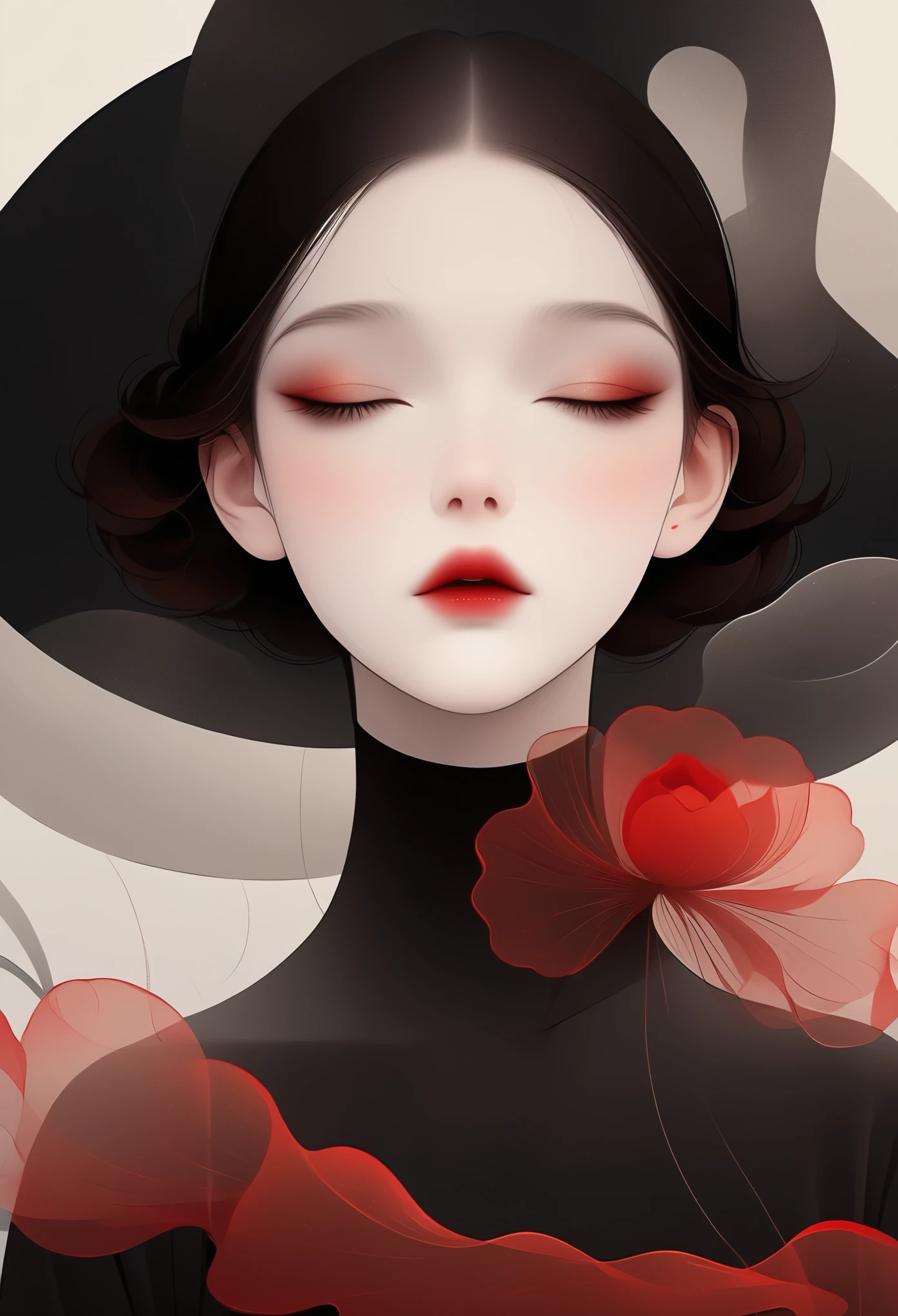 (masterpiece, best quality:1.2), 1 girl, alone,beautiful face，red lips，Minimalist Art Nouveau，illustration style，black and red