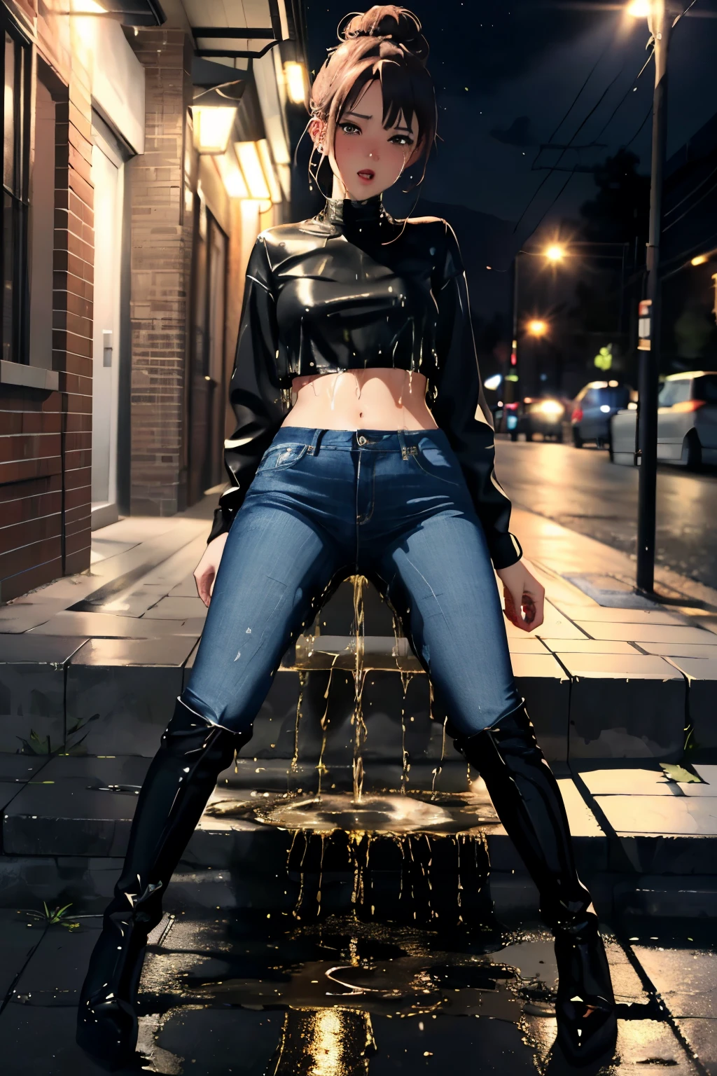 Anime girl in leather jacket and jeans posing on a street - SeaArt AI