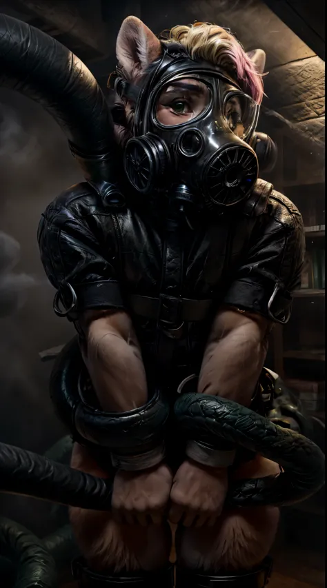 Solo, 1boy, hd, vampire bat with tan fur, bat has green eyes as well as a pink nose and short blonde hair that hangs over one eye, pulling off a gas mask, gas mask has tentacles inside, ((grabbing and pulling at gas mask with hands)),  (massive tentacle in...
