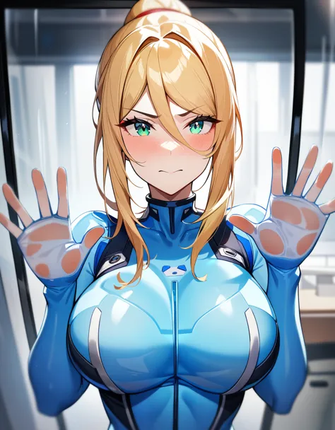 1girl,Samus aran,solo,green eyes,blonde hair,zero suit,light blue body suit,dark blue stripes,trap in glass container,hand on glass,breasts on glass,Science fiction,ultra-detailed,sharp focus,aesthetic,(best quality)