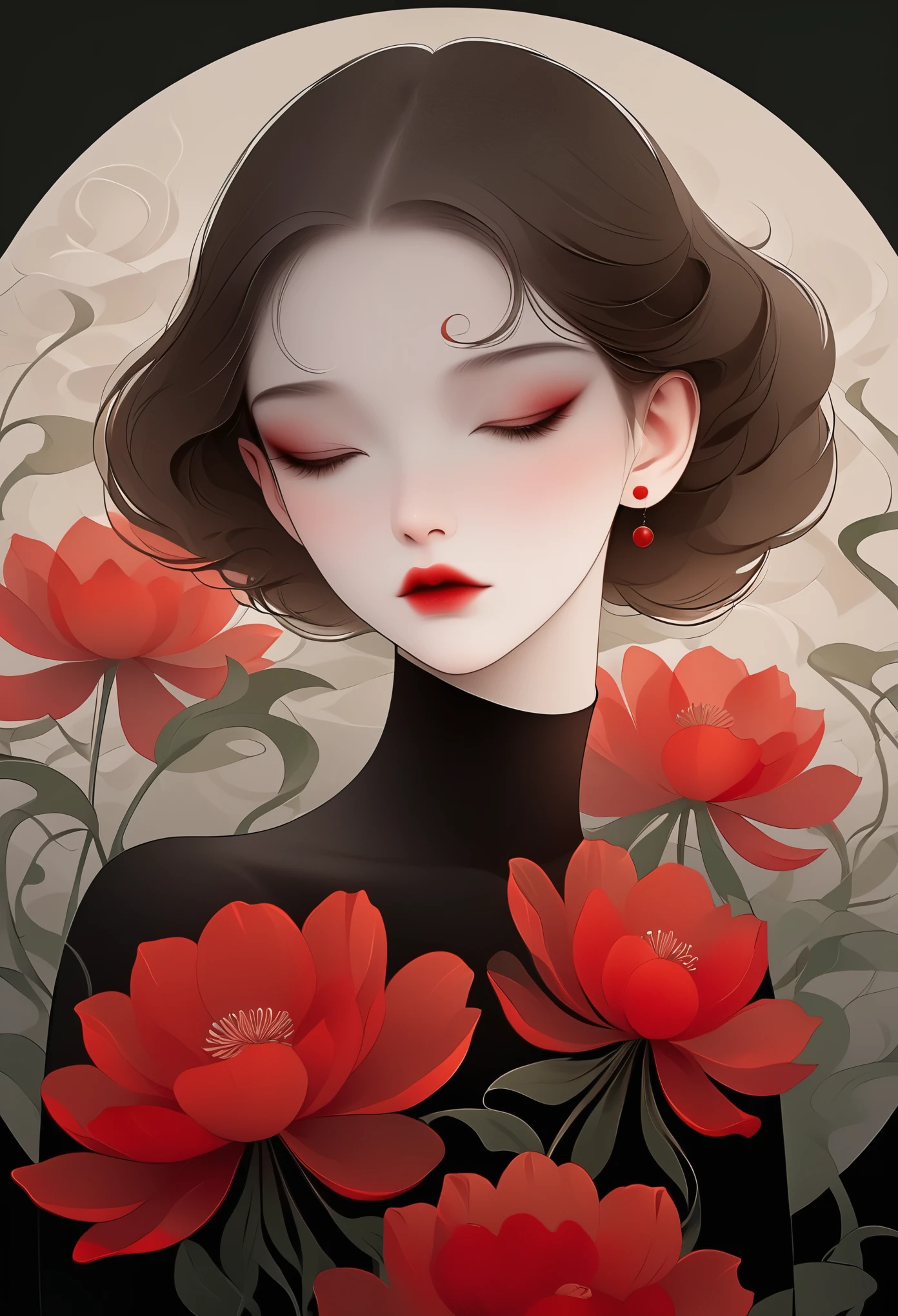 (masterpiece, best quality:1.2), 1 girl, alone,beautiful face，red lips，Minimalist Art Nouveau，illustration style，black and red，flowers