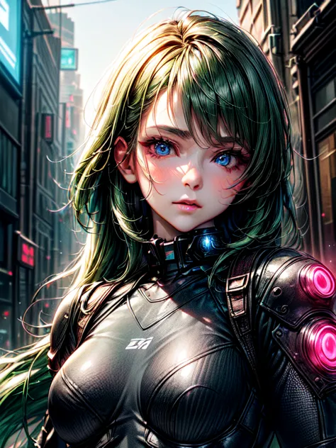 woman, realistic character, green hair with pink strands, blue eyes, anime, one, modern, cyberpunk