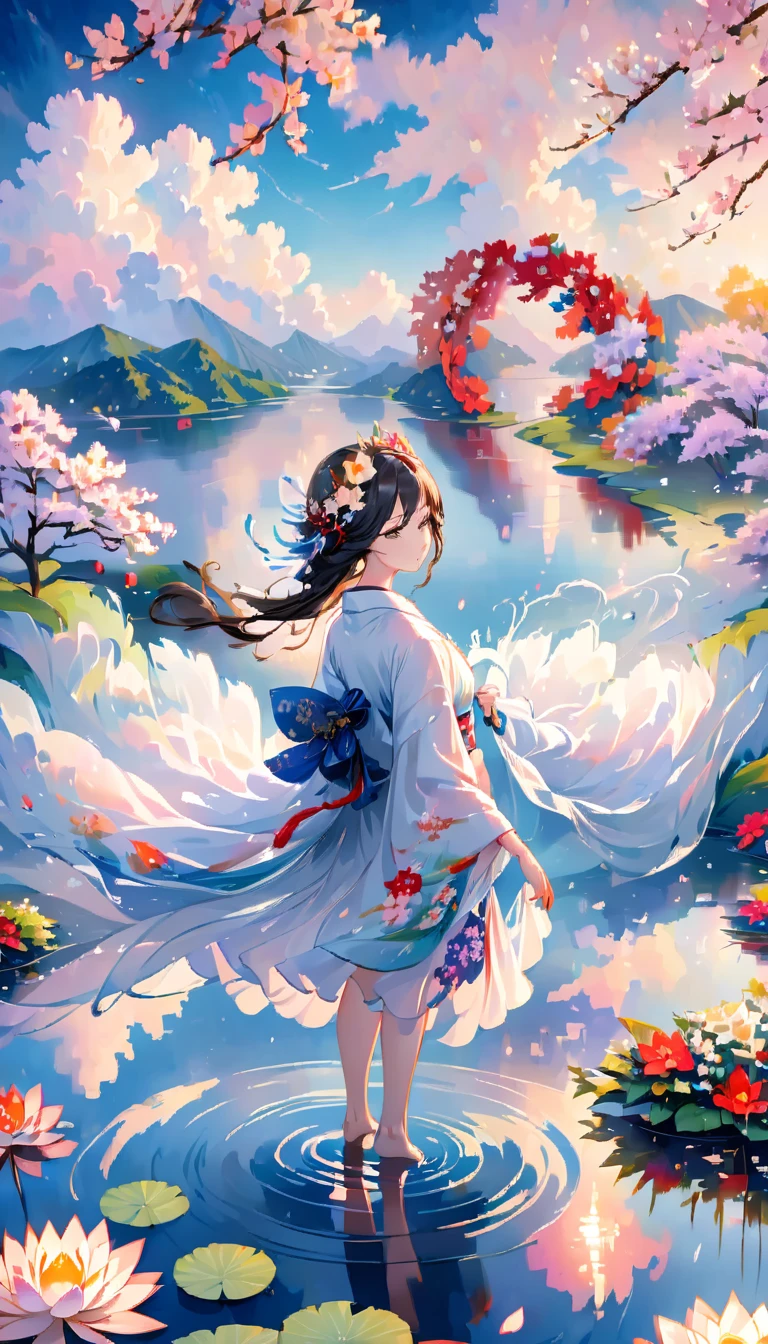 masterpiece，colorful clouds，Halation，Reflection on the surface of the water，fan，Gorgeous and luxurious，Glittering，white long hair，Japanese style flower crown，Goddess，hagoromo，The skin is transparent，、standing on tiptoe，The whole person is visible，kimono，Only one leg is visible from under the hem of her long kimono，The kimono is wet and the skin is visible，A casual white dragon in the background，White Lotus Flowers．petals dance，water droplets，glossy，god々The beauty，a sad expression，flushed cheeks，night curtain