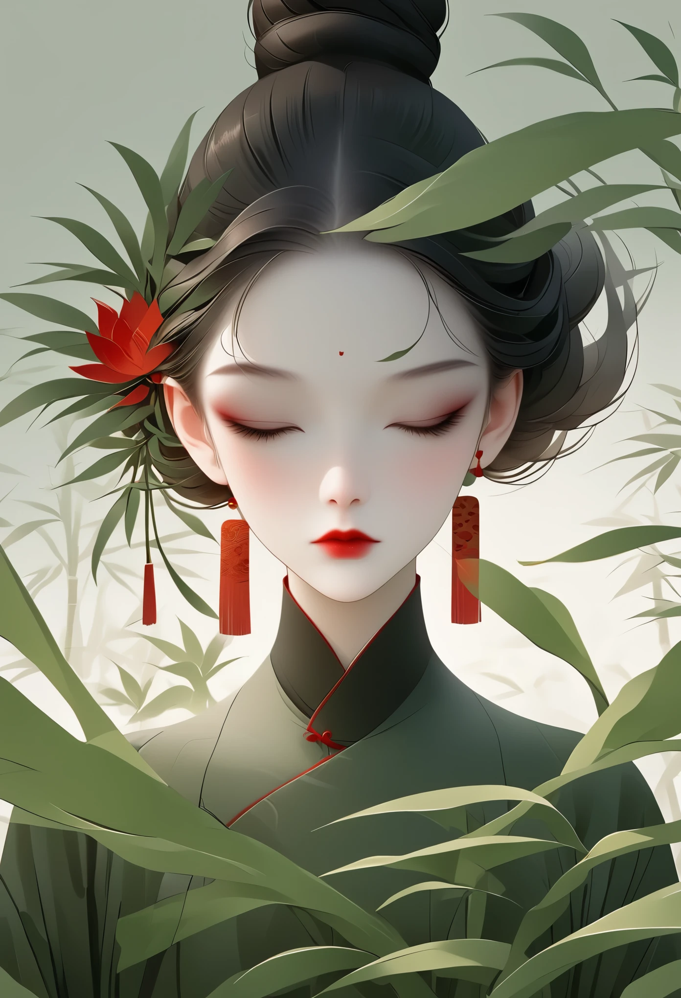 (chef-d&#39;œuvre, Meilleure qualité:1.2), 1 fille, seul,Beau visage，lèvres rouges，Minimalist Art Nouveau，style d&#39;illustration，noir et vert，bambou，Éléments chinois