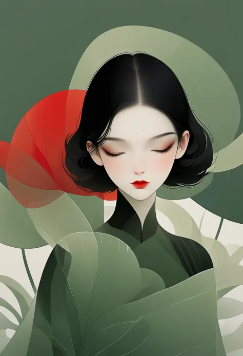 (masterpiece, best quality:1.2), 1 girl, alone,beautiful face，red lips，black hair，Simple hairstyle，Minimalist Art Nouveau，illust...
