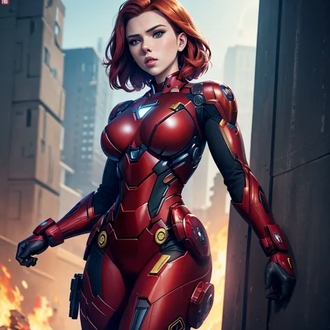 Scarlett Johansson, black widow, mech suit, iron man suit, 20 year old Russian girl, big , perfect body, perfect breasts, high q...