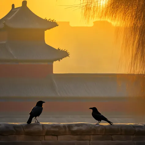 there is a black bird standing on a stone wall near a building, golden hour in beijing, crows as a symbol of death, crows beauti...
