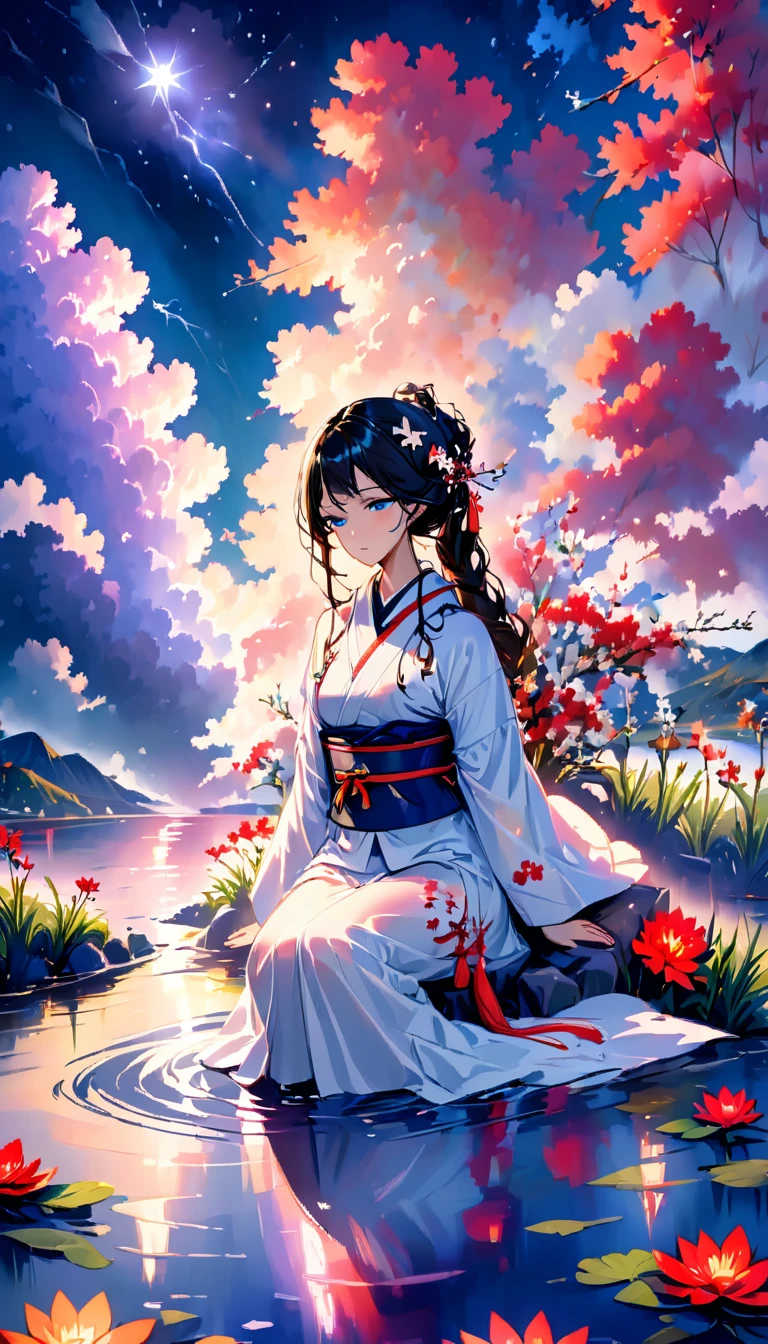 Belle femme，Corps entier trempé dans l&#39;eau，８Tête et corps，vêtements japonais，nuit，月nuit，nuages colorés，étoile，peau mouillée，Sexy，TRISTESSE，brillant，Asseyez-vous sur l&#39;eau