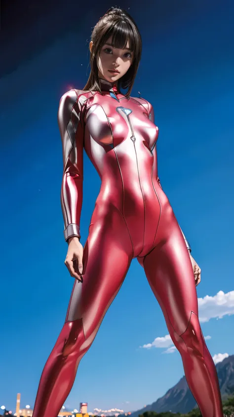 Ultraman、realistic、realistic、cinematic lighting, Girl in a shiny red and silver suit、15 years old、professional photos、Don&#39;Do not expose your skin, japanese model, japanese cgi、Ultraman Suit、, Power Rangers Suit、tight and thin cyber suit,Whole body rubb...