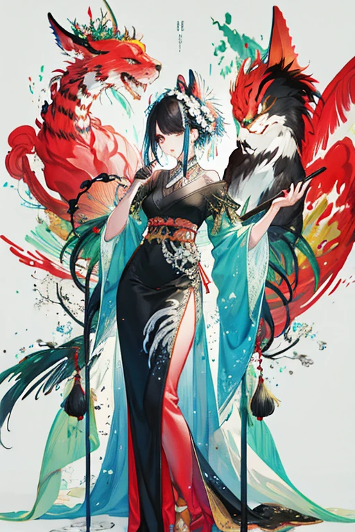 （The anthropomorphization of Chinese mythical beasts，beautiful girl，Wear colorful clothes）, leopard，full body standing painting，wide sleeves，big watery eyes，Beautiful face and smooth fair skin，delicate face，long black hair，ancient chinese beauties，Wearing ancient Chinese costumes，gossamer，rich and colorful，Colorful and bright，Vibrant digital illustrations，（clean background），ink painting style，clean colors，Decisive cuts，a blank，masterpiece， Super exquisite，epic work，high quality，最high quality，4k