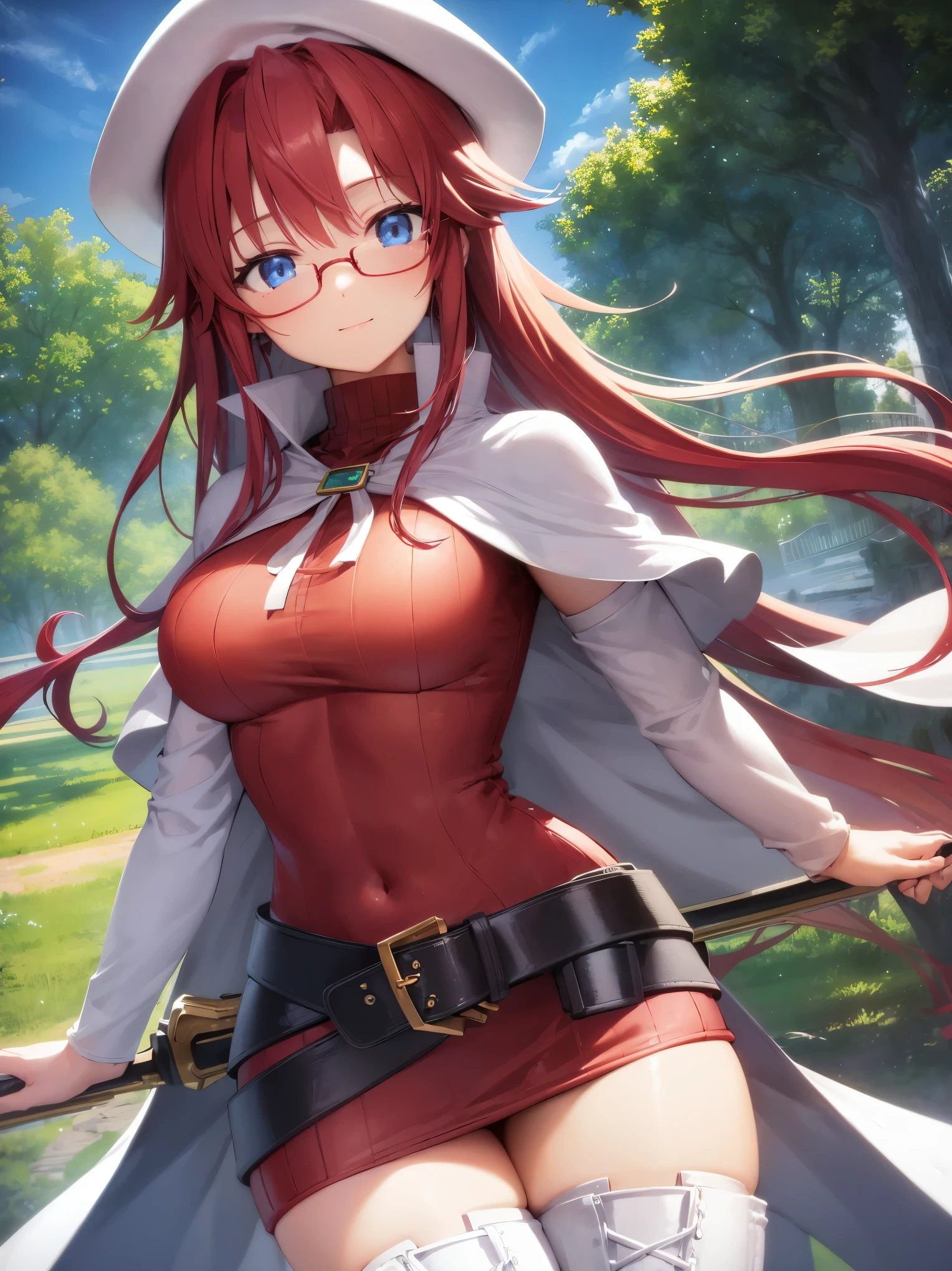 summonnightaty, aty, long hair, blue eyes, red hair, beret, hat, glasses,
BREAK long hair, thighhighs, hat, dress, boots, glasses, belt, cape, sweater, zettai ryouiki, beret, thigh boots, white footwear, ribbed sweater, loose belt,solo,
BREAK outdoors, fantasy,on_a_ship,
BREAK (masterpiece:1.2), best quality, high resolution, unity 8k wallpaper, (illustration:0.8), (beautiful detailed eyes:1.6), extremely detailed face, perfect lighting, extremely detailed CG, (perfect hands, perfect anatomy),covered_nipples,covered_navel,light_smile ,(half_eyes:1.4),sword,armpit,sleepy,dynamic_standing,barrel,red_sweater,apart_legs,magical_effect,pulmp,big_tits,