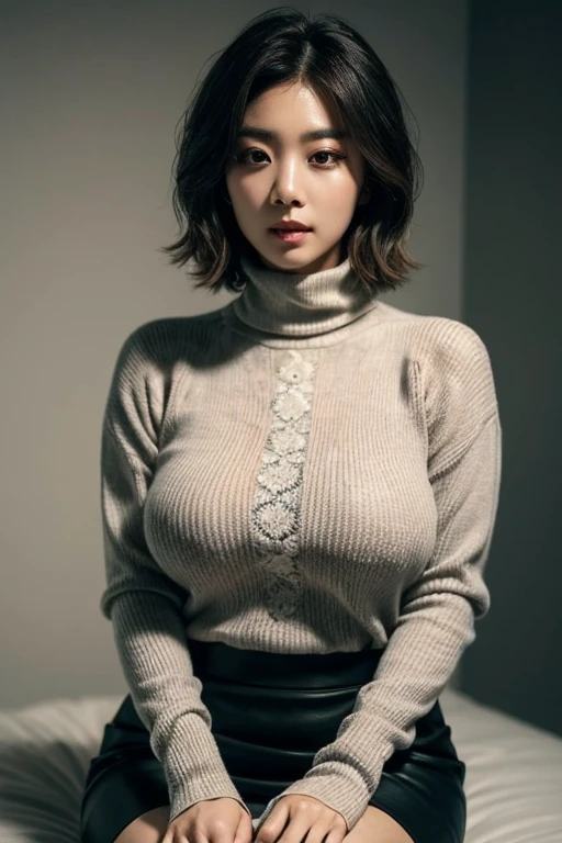 a K-pop idol wearing a turtle neck sweater,
(((masterpiece))), ((best quality)), ((intricate detailed)), ((Hyperrealistic)), absurd res, milf, mature woman, perspective, highly detailed, illustration, 1girl, ((large breasts)), perfect hands, detailed fingers, beautiful detailed eyes, short hair, brown eyes,(turtle neck:1.2), tight skirt, detailed background, choker, perfect eyes, seductive eyes, looking at the viewer, from front