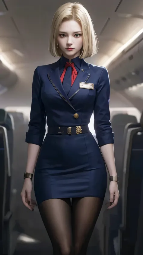 Android 18,a close up of a woman in a  on a plane, pilot clothing, JK uniform, Professional attire, blue uniform, wearing rr din...